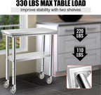 Stainless Steel Table for Prep & Work 30 x 12 Inches with Caster Wheels, NSF Commercial Heavy Duty Table with Undershelf and Galvanized Legs for Garage Restaurant Home and Hotel