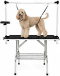 46" Foldable Dog Grooming Table with Adjustable H-Frame Arm & 2 Nooses, Heavy-Duty Stainless Steel Frame, Non-Slip Top, Tool Caddy and Mesh Tray, Black