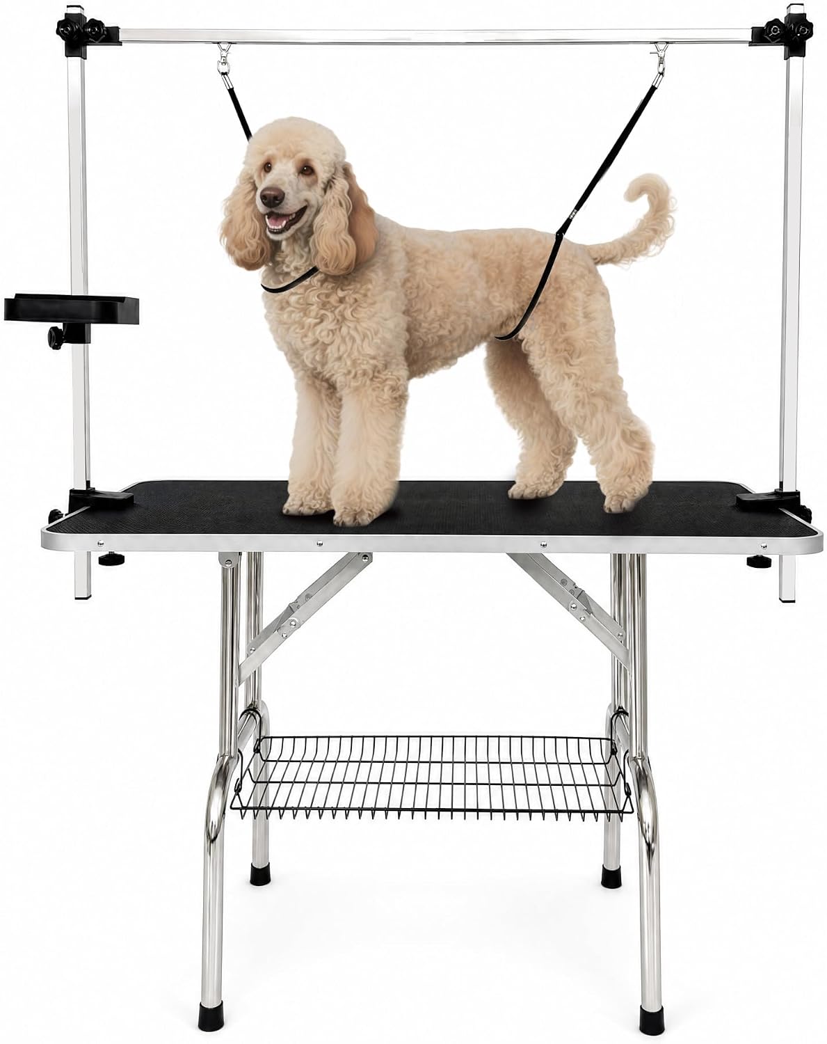 46" Foldable Dog Grooming Table with Adjustable H-Frame Arm & 2 Nooses, Heavy-Duty Stainless Steel Frame, Non-Slip Top, Tool Caddy and Mesh Tray, Black