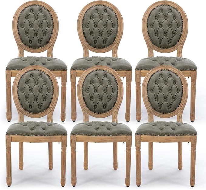 PU Leather Upholstered Dining Chairs Set of 6 French Country Round Back Kitchen Side Chairs with Nailhead Trim and Wood Legs for Dining Room, Kitchen, Restaurant(Pine Green)