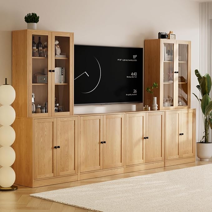 TUSY 71" TV Stand Storage Set - 2 Tall Bookcases & 2 Side Cabinets, Media Console with Glass & Wood Doors, Entertainment Center with Drawers, Tall Media Console for Living Room (Wood, ACCA)