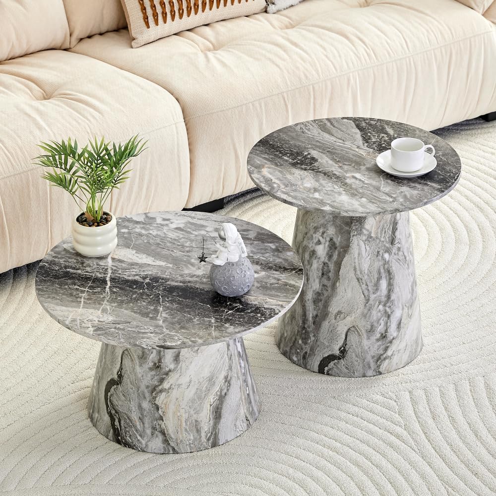 Nesting Coffee Table Set, Gray Veneer Round Tables, Mid-Century Modern | Roun...