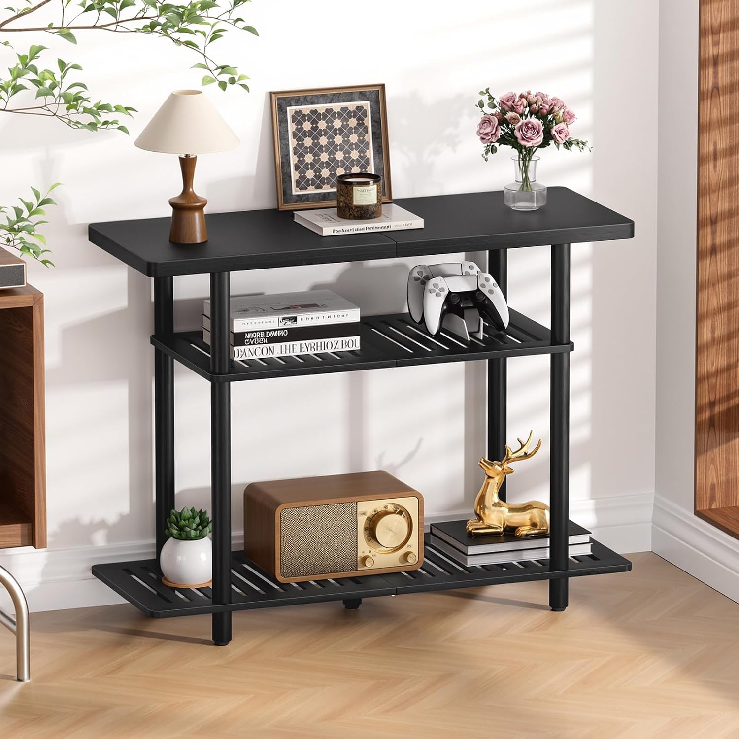 Bamboo TV Stand, Small TV Stands for up to 32 Inch, 3-Tier Entertainment Center TV Shelf with Storage, Sturdy Corner TV Stand for Bedroom, Black, 31.5 x 24.2 x 11.8 inches