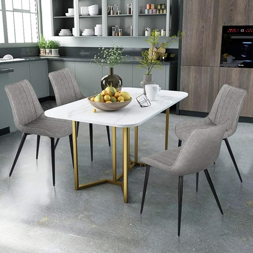 4 PCS Faux Leather Dining Chairs, Mid Century Modern Leisure Upholstered Chair with Metal Legs for Kitchen Living Room Gray