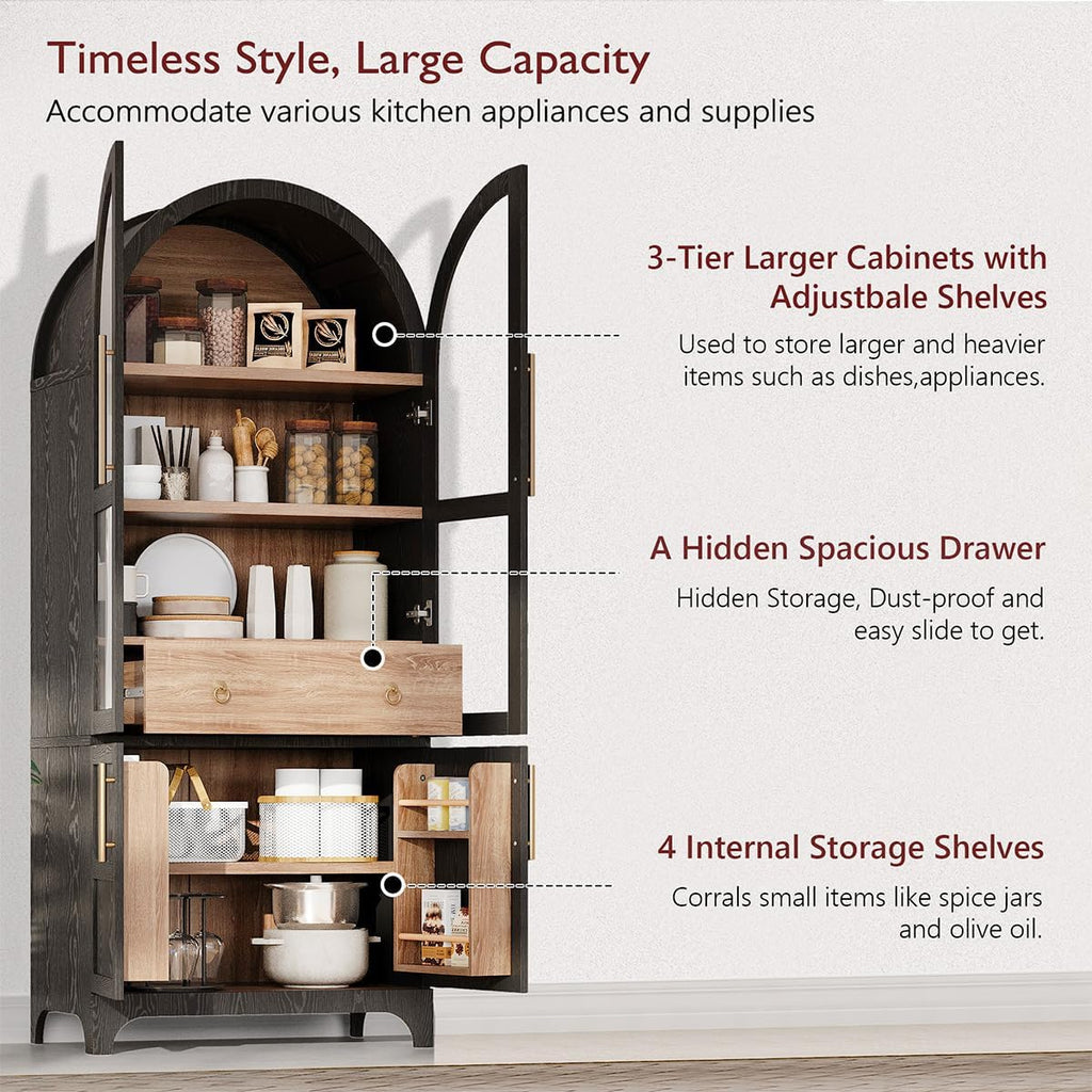 71" Tall Arched Kitchen Pantry with Door Shelves and Hidden Drawer, Arched Kitchen Storage Cabinet with Open & Adjustable Shelves, Cupboard with Glass Door, Bookshelf Bookcase (Black)