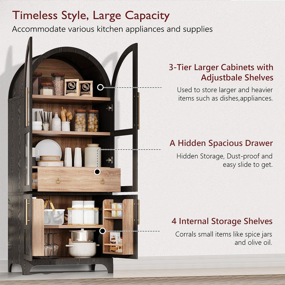 71" Tall Arched Kitchen Pantry with Door Shelves and Hidden Drawer, Arched Kitchen Storage Cabinet with Open & Adjustable Shelves, Cupboard with Glass Door, Bookshelf Bookcase (Black)