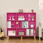 LEYAOYAO 10 Cube Bookshelf,3 Tier Modern Wide Bookcase with Legs,Mid-Century Wood Bookshelves Storage，Pink Large Book Case,Freestanding Organizer Display Shelf for Bedroom,Living Room,Office