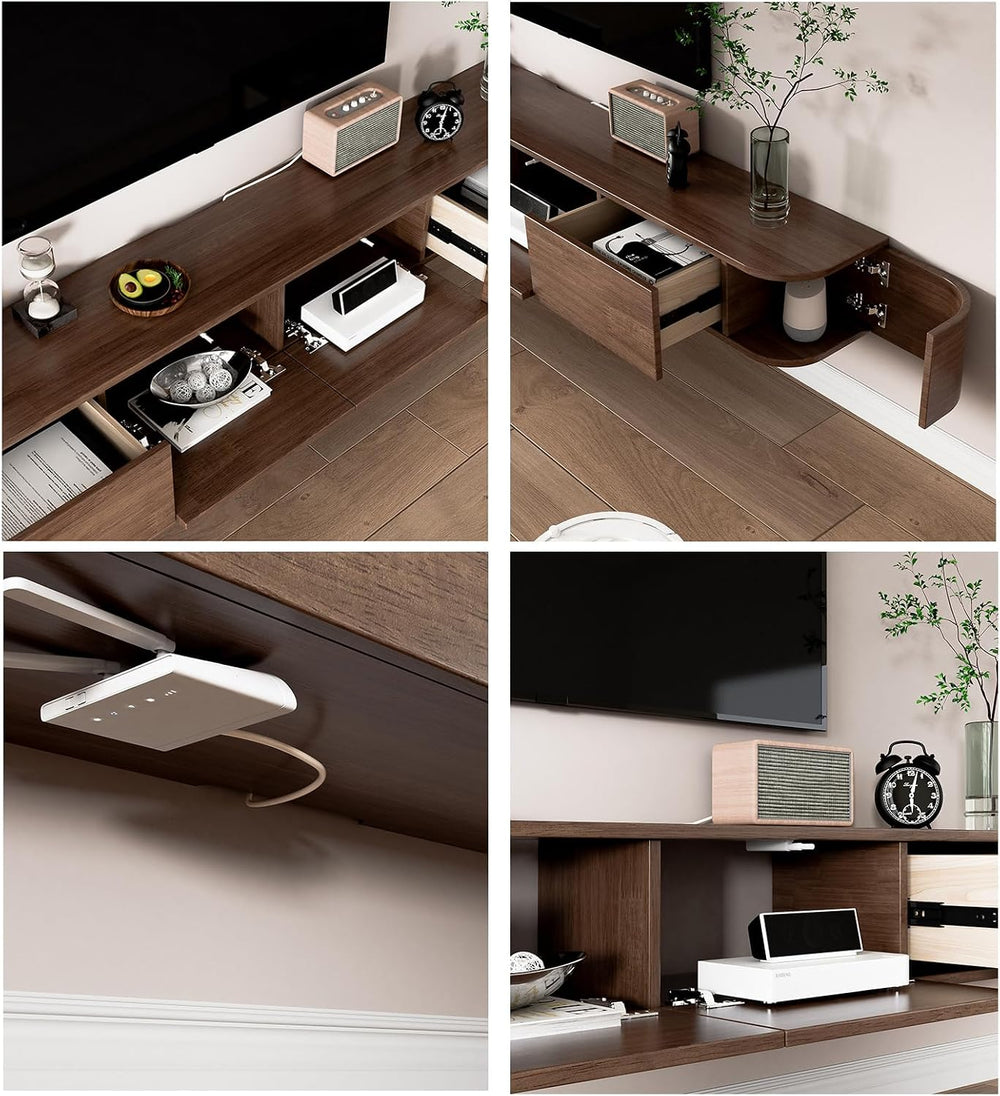 Solid Wood Floating TV Stand - Wall Mounted Media Console with 2 Side Doors, ...