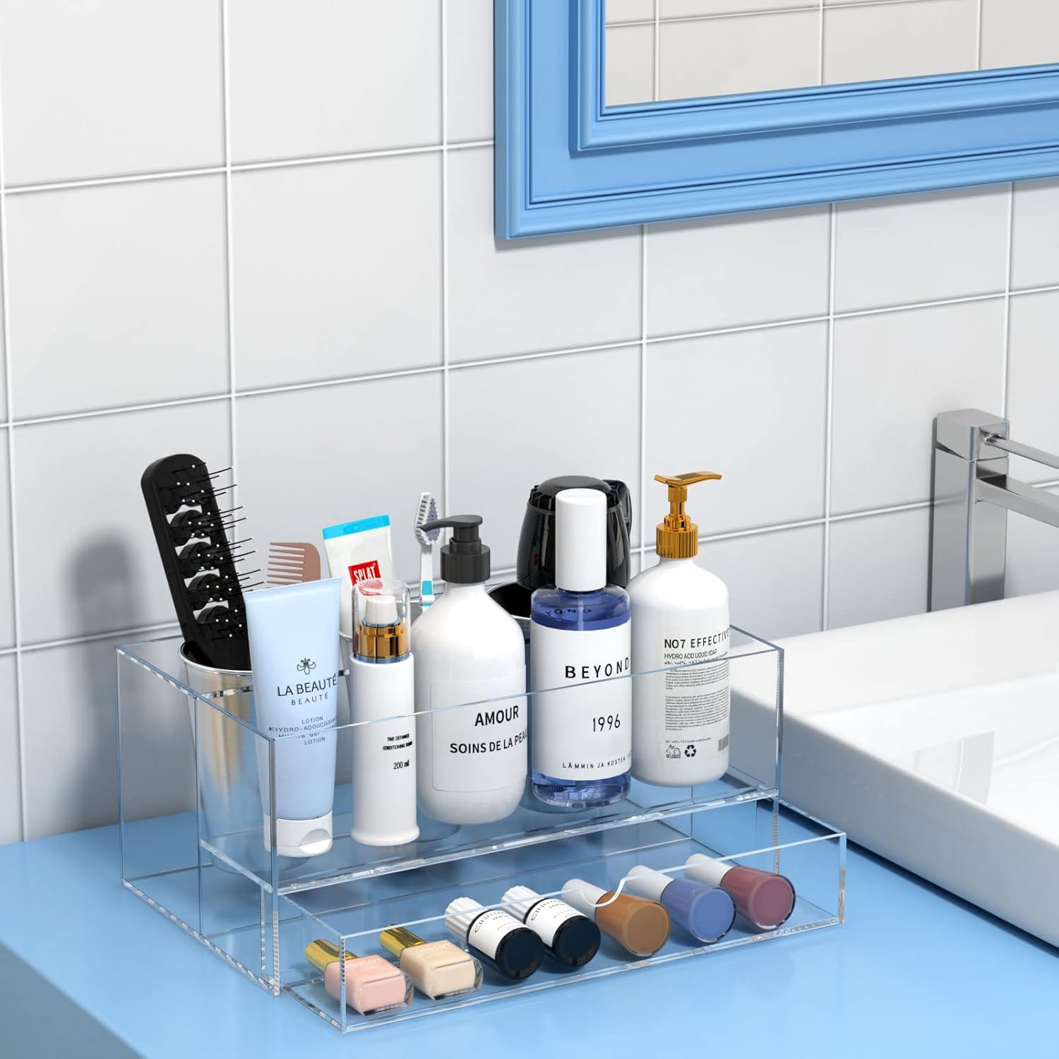 NIUBEE Hair Tool Organizer, Clear Acrylic Hair Dryer and Styling Organizer with Drawer, Bathroom Countertop Blow Dryer Holder, Vanity Caddy Storage Stand for Accessories, Makeup, Toiletries