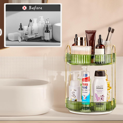 360 Rotating Makeup Organizer, 2 Tier Lazy Susan Bathroom Counter Organizer, Skincare Organizers, Spinning Perfume Organizer & Vanity Organizer Countertop (Gem Green, 2 Tier)