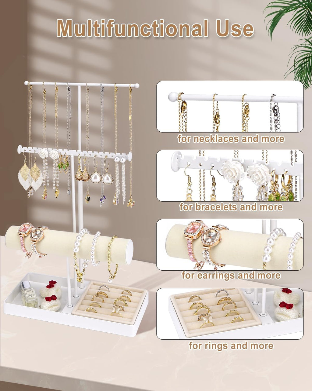 Cirhy Jewlery Holder Necklace Stand, Adjustable Necklace Holder with Velvet Ring Tray, Jewelry Display Rack for Hanging Necklaces, Bracelets, and Earrings, Gifts for Her (White)