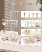 Cirhy Jewlery Holder Necklace Stand, Adjustable Necklace Holder with Velvet Ring Tray, Jewelry Display Rack for Hanging Necklaces, Bracelets, and Earrings, Gifts for Her (White)