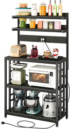 Baker's Rack with Power Outlet, 5-Tier Microwave Stand with Storage, Black | LED Lights,Kitchen Coffee Bar Storage,Microwave Stand with Storage,Spice Organizer for Kitchen, Dining Room and Office