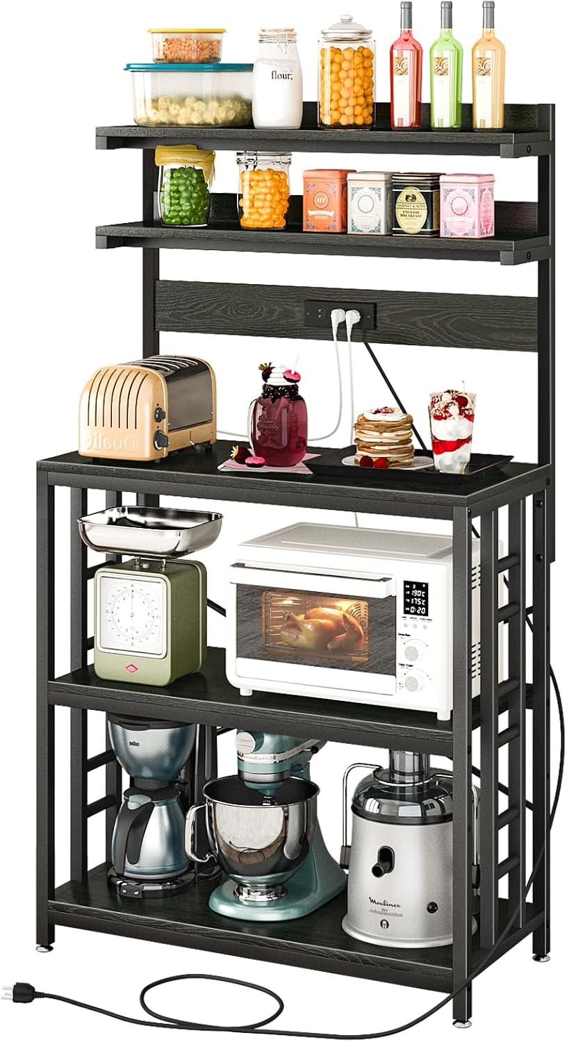 Baker's Rack with Power Outlet, 5-Tier Microwave Stand with Storage, Black | LED Lights,Kitchen Coffee Bar Storage,Microwave Stand with Storage,Spice Organizer for Kitchen, Dining Room and Office