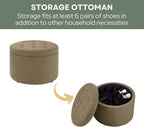 Convenience Concepts Designs4Comfort Round Shoe Ottoman 22" - Upholstered Footstool, Small Table, & Seat with Storage Compartment for Living Room, Entryway, Bedroom, Sandstone Fabric