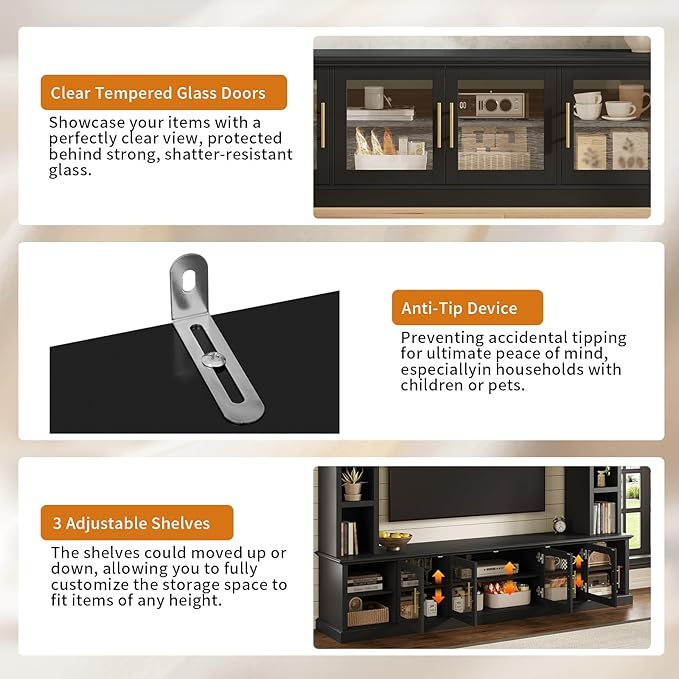 Merax 95" Entertainment Center for TVs up to 80", All-in-One TV Stand with Bookshelves & Storage Cabinets & Tempered Glass Doors & Adjustable Shelves, Modern Living Room Wall Unit Media Console, Black