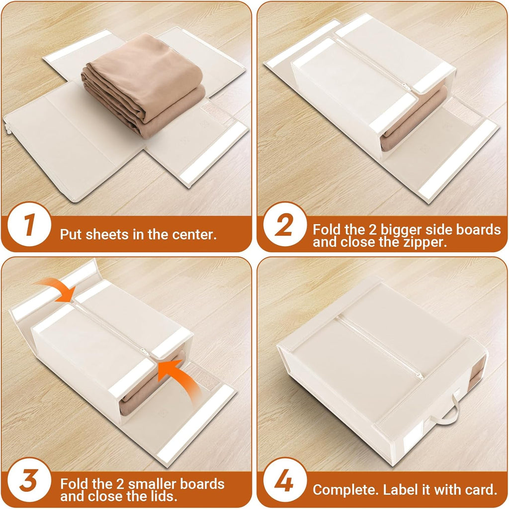 4 Pack Bed Sheet Closet Organizers and Storage,Sturdy Foldable Storage Containers with Window and Label,Storage and Organization for Bedding Sheets,Duvet Covers,Blankets (Beige)