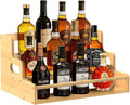 Bamboo Liquor Bottle Display Shelf, 3 Step Countertop Wine Rack, Bar Bottle Stand with Handles & Guardrail, Retro Mini Display Rack for Syrup, Wine, Dressing, Home Kitchen Cafe, Natural