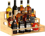 Bamboo Liquor Bottle Display Shelf, 3 Step Countertop Wine Rack, Bar Bottle Stand with Handles & Guardrail, Retro Mini Display Rack for Syrup, Wine, Dressing, Home Kitchen Cafe, Natural