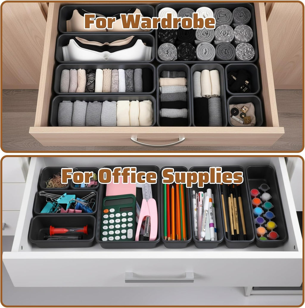 9 Pcs Stackable Drawer Organizer Trays Set, Multifunctional Storage Trays for Vanity, Bathroom, Kitchen, Office, Multi-size Durable Plastic Desk Drawer Organizer Bins, Custom Layout Design