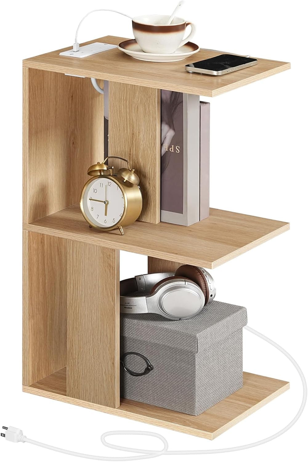 MAHANCRIS End Table with Charging Station, C-Shaped Narrow Side Table, Natura...