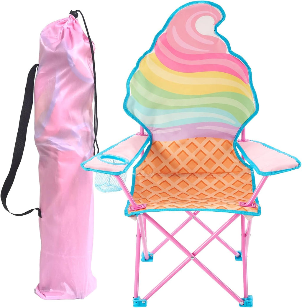 Heritage Kids Ice Cream-Themed Figural Folding Camp Chair,Lightweight Portable Chair with Carry Bag & Cup Holder,Kids Outdoor/Indoor Seating for Ages 6+,14"x14"x26"