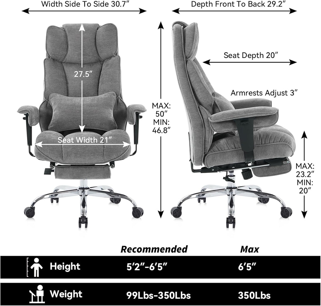 Efomao Executive Office Chair, Soft-Cushioned Computer Chair with Foot Rest, Fabric Home Office Desk Chairs, Big and Tall Office Chairs, Grey
