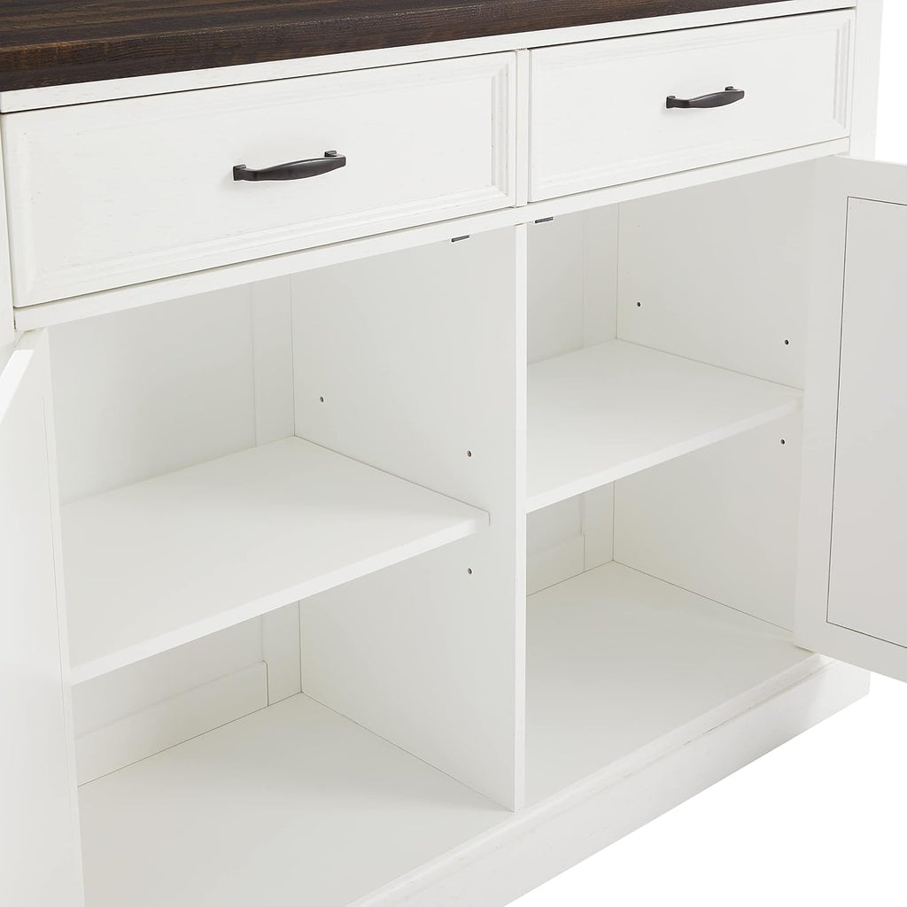Crosley Furniture Clifton Kitchen Storage Island, Microwave Stand, Coffee Bar and Set of 2 Upholstered Saddle Stools, Distressed White/Black
