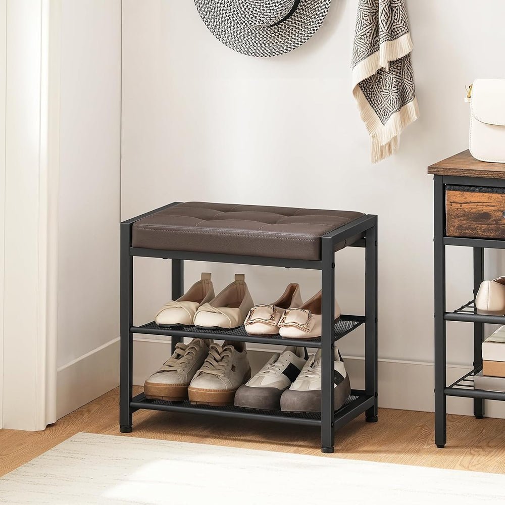 HOOBRO Small Shoe Bench, 3-Tier Shoe Rack, Shoe Storage Bench with PU Seat Cu...