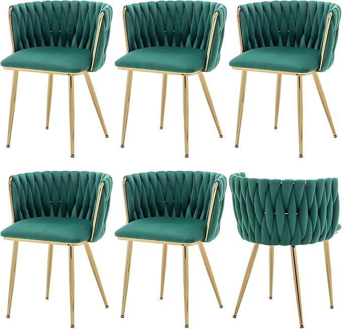 Velvet Dining Chairs Set of 6, Modern Upholstered Dining Chairs with Gold Metal Legs for Dining Room, Vanity, Kitchen, Living Room(Green)