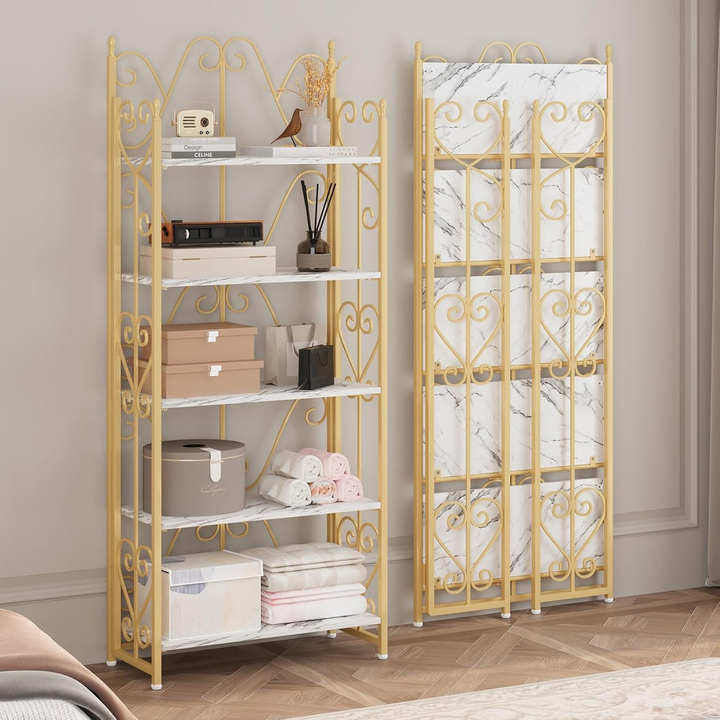 JSB 5 Tier Folding Bookshelf,Industrial Storage Shelves, No Assembly Vintage Wood Look Bookshelf with Storage Shelves for Living Room, Bedroom, Office (White and Gold)