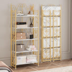 JSB 5 Tier Folding Bookshelf,Industrial Storage Shelves, No Assembly Vintage Wood Look Bookshelf with Storage Shelves for Living Room, Bedroom, Office (White and Gold)