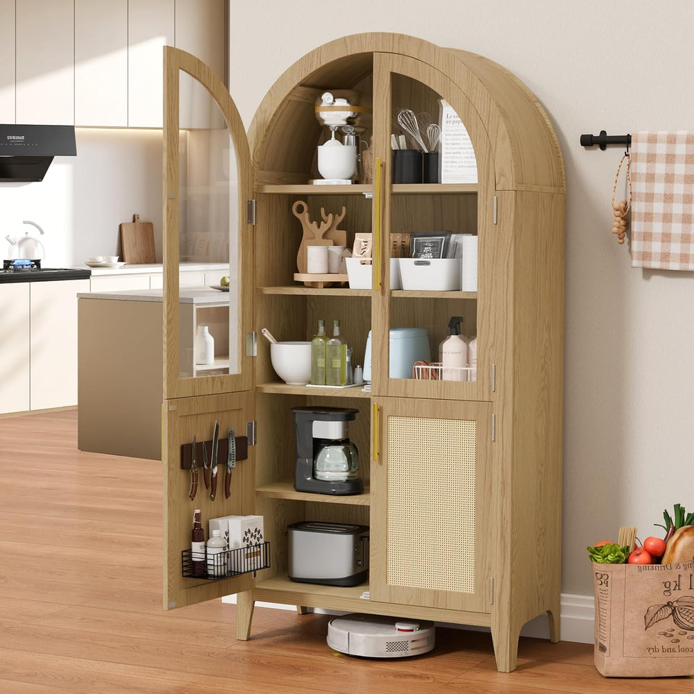 63" Tall Arched Cabinet with Glass Doors, Kitchen Pantry Storage Cabinet...