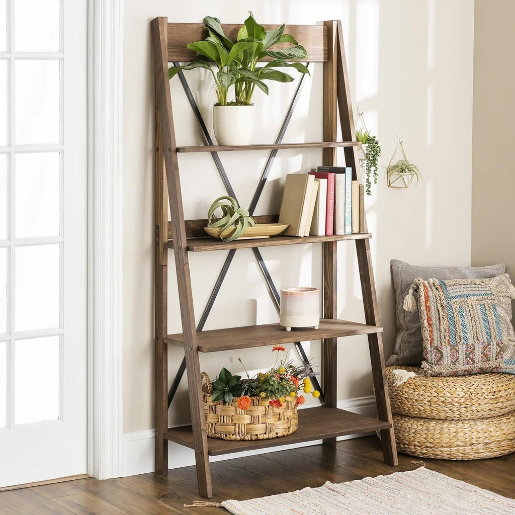 68" H x 35" W 4-Tier Solid Wood Ladder Bookshelf