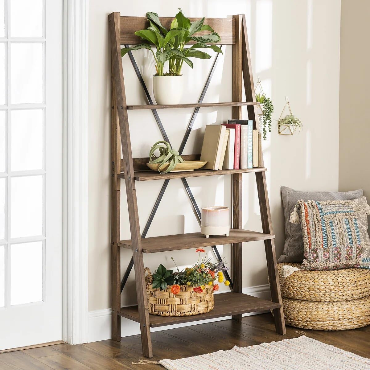 68" H x 35" W 4-Tier Solid Wood Ladder Bookshelf