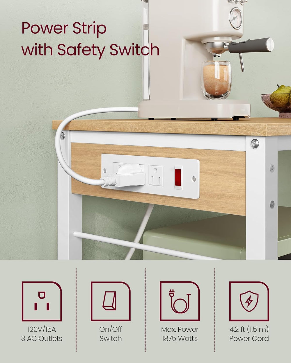 VASAGLE Kitchen Island with Power Strip, Microwave Oven Stand, Kitchen Shelf,...