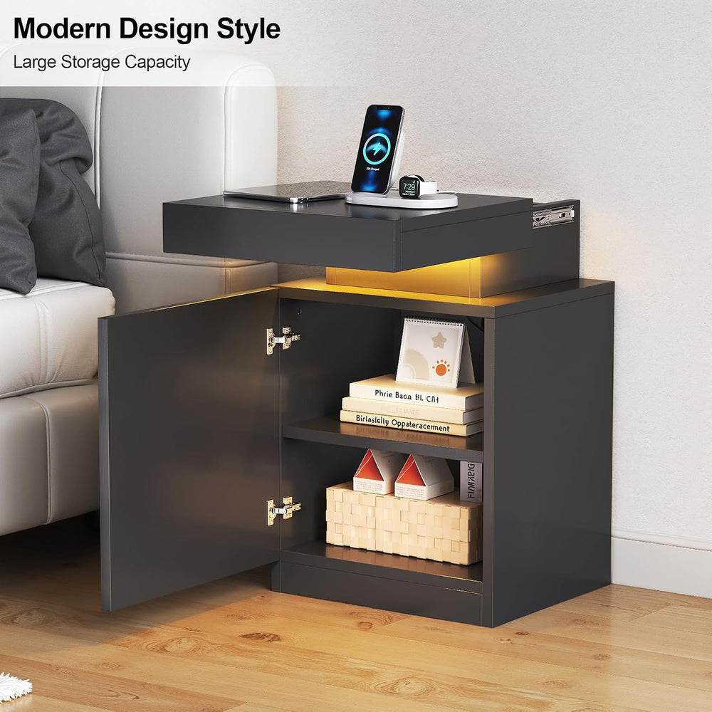 MXV Nightstand with LED Lights & Charging Station, Black Bedside Tables w...