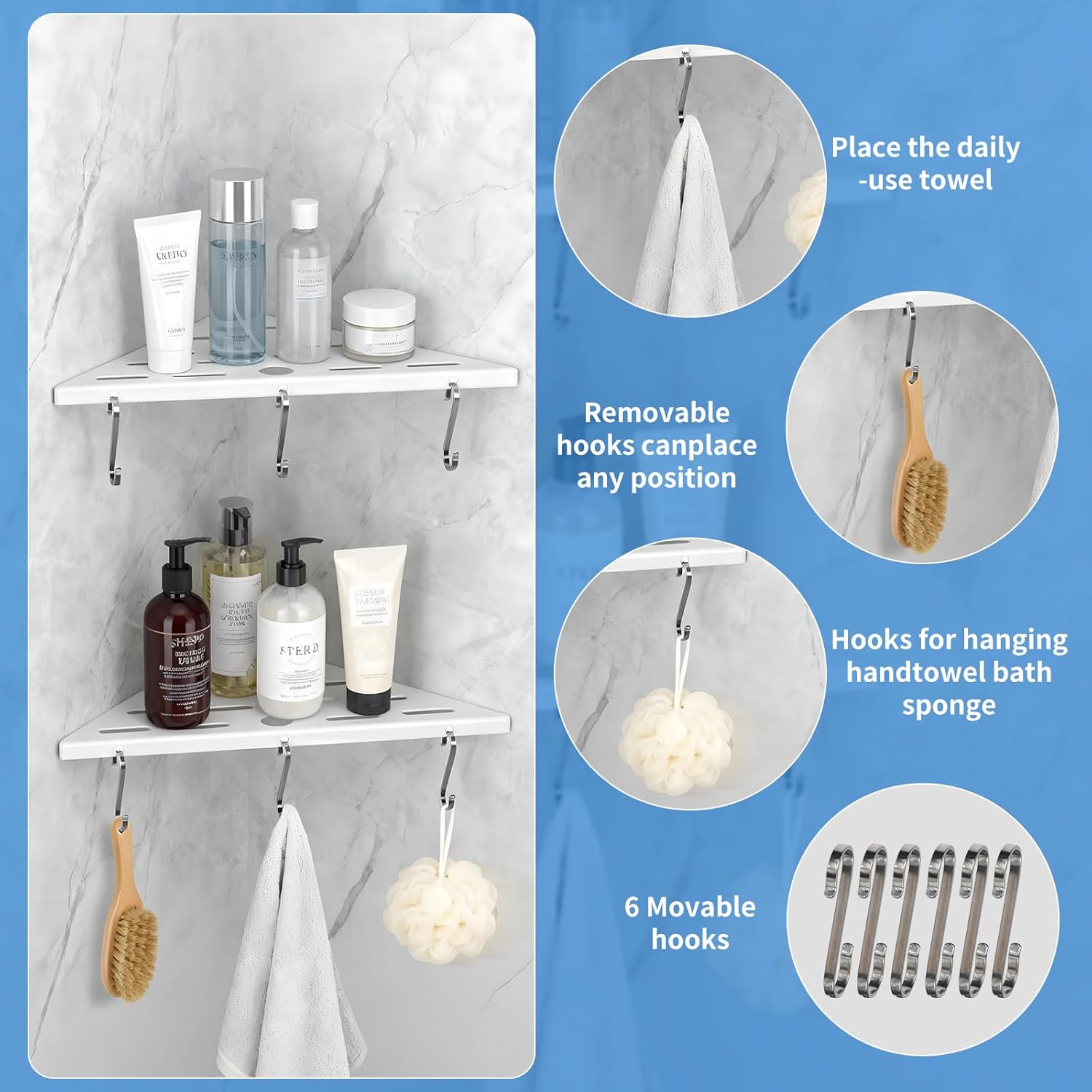 Shower Corner Shelf 304 Stainless Steel Shower Caddy 2 Tier Shower Organizer Niche Extra 6 Hangers Shelves 40 lbs Large Capacity Bathroom Storage for Inside Anti-Rust Drilling Installation(White)
