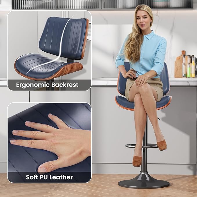Swivel Bar Stools Set of 4, Adjustable Bentwood Barstools for Kitchen Counter, Modern PU Leather Upholstered Bar Chair with Back and Footrest, for Kitchen Island, Bar, Dining Room, Navy