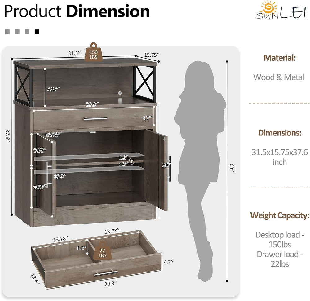 SUNLEI Kitchen Buffet Sideboard Cabinet, Storage Cabinets with 2 Doors and 1 ...