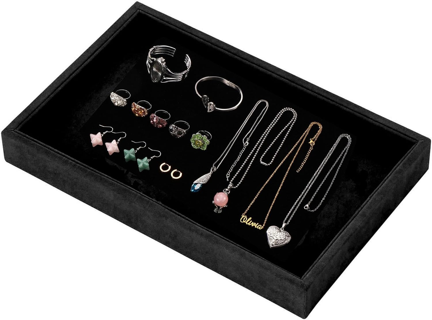 Mornajina 9" x 5.7" Velvet Jewelry Tray Jewelry Display Tray, Stackable Empty Plate Trays for Earrings Necklaces Bracelet Rings Display Showcase - Black