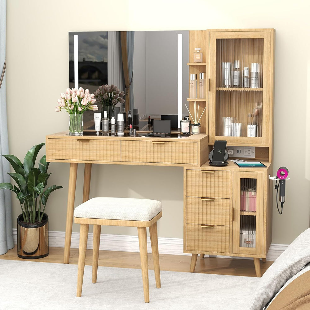 Vanity Desk with Mirror and Lights, Makeup Vanity Table with 5 Drawers & ...