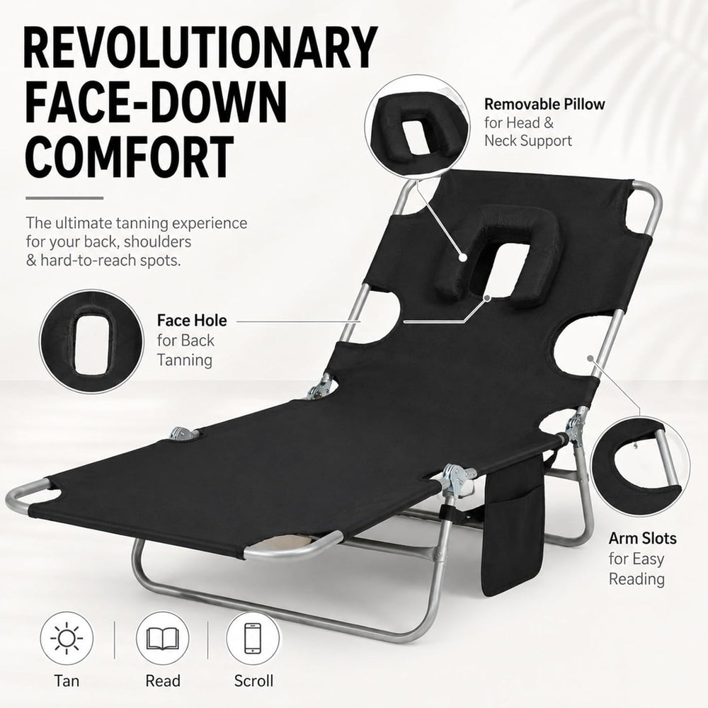 Tanning Chair, Folding Beach Lounge Chair with Face Hole and Arm Slots, 5-Pos...