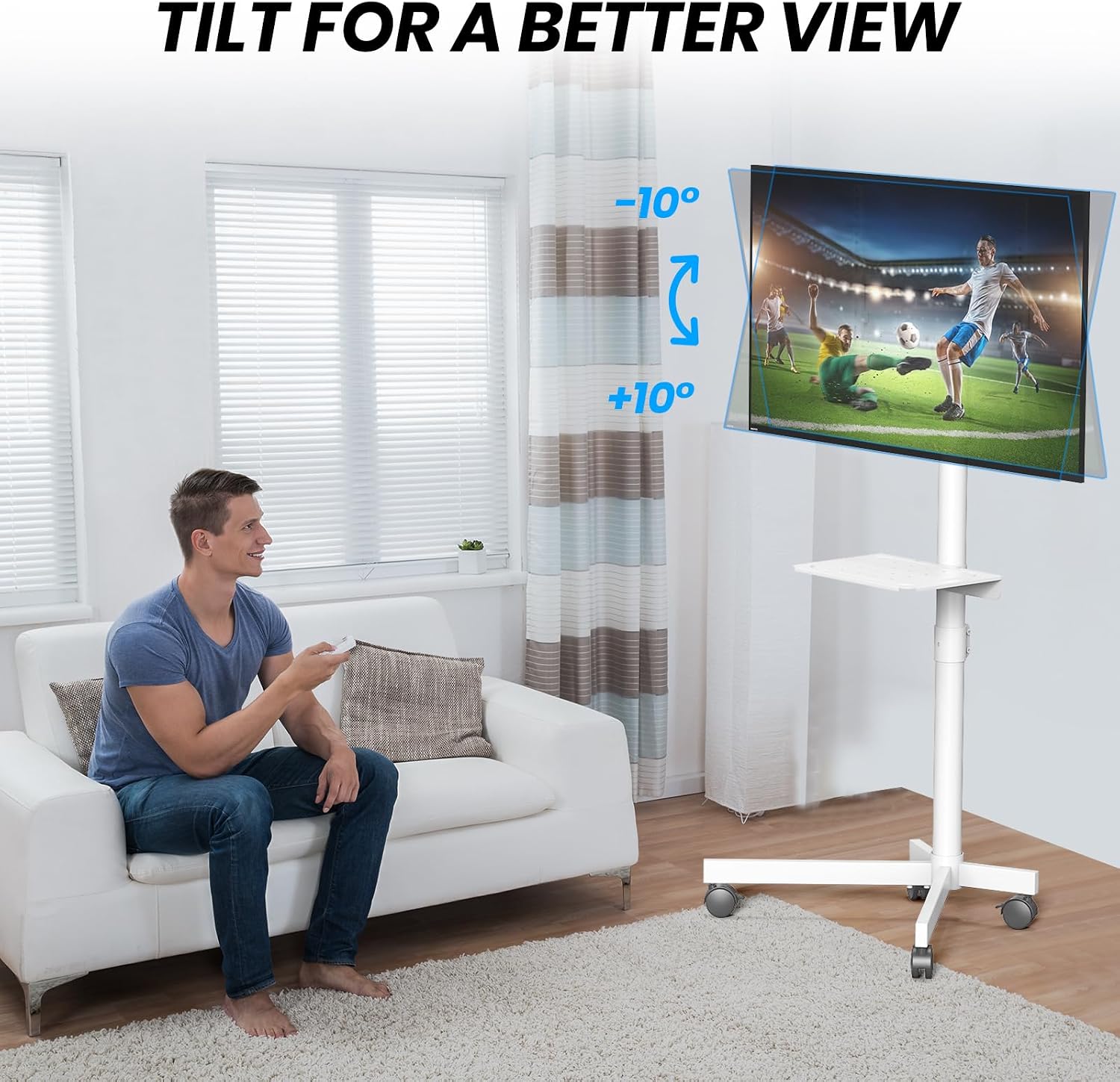 Rolling TV Stand for 23-60 Inch LCD LED Flat/Curved TVs/Screens | 2 Height Adjustable Mobile TV Floor Stand with Shelf / Locking Wheels up to 88Lbs, Tilt TV Cart Max VESA 400x400mm, White
