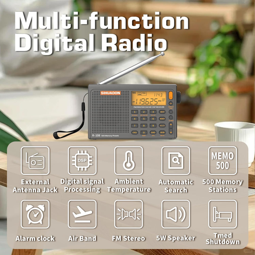 SIHUADON R-108 Portable Radio AM FM SW LW Airband, Small Retro Emergency Radi...