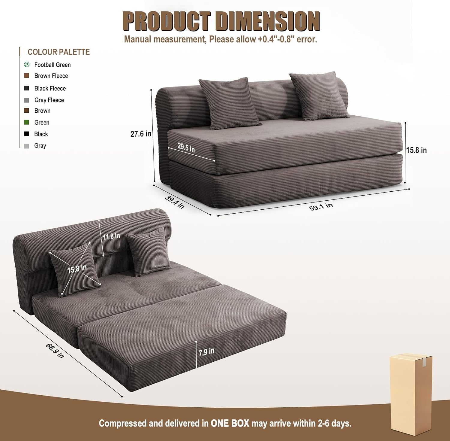 59" Convertible Sofa Bed High Backrest Boneless Couch in a Box,Brown | Washable Corduroy Futon Sofa Bed,Sectional Loveseat Floor Sleeper Sofa for Bedroom,No Assembly Couch for Living Room