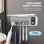 Sanitizeri Toothbrush Cleaner with 5 Slots, Smart Sanitizeri Toothbrush Holder Organizer, Cordless No Drilling Wall Mounted Rechargeable Holders for Bathroom Family, 200/400s Timer Function