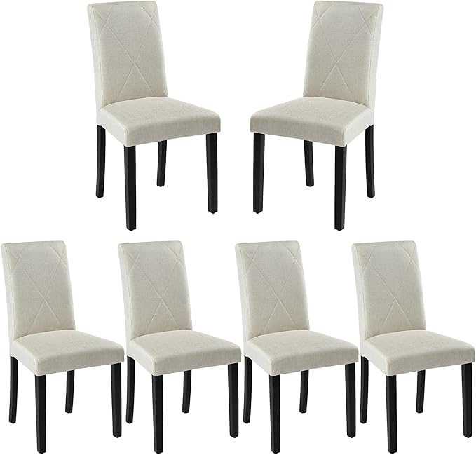 VECELO Upholstered Dining Chairs Set of 6, Modern Fabric and Solid Wood Legs & High Back for Kitchen/Living Room- Beige