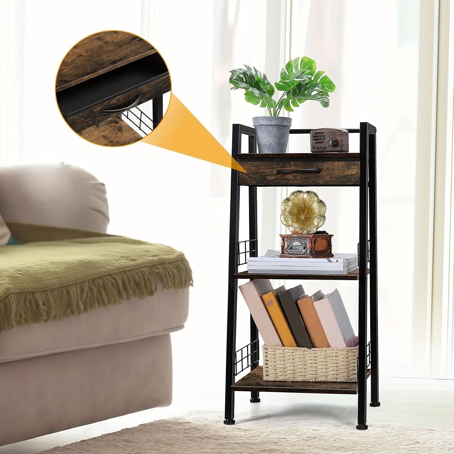 3-Tier Bathroom Ladder Shelf with Drawer, Bathroom Floor Storage Shelf, Freestanding Tower Shelf Ladder Bookshelf for Living Room, Bedroom