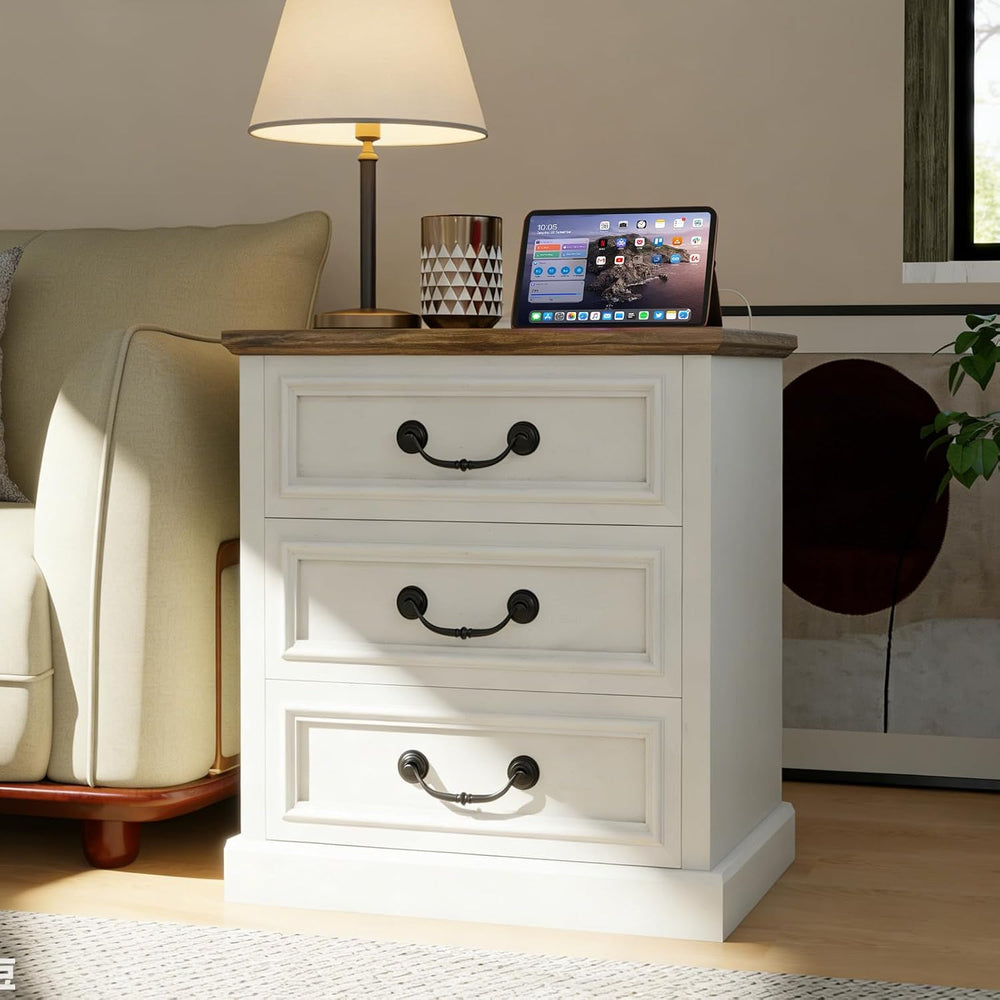 MUUEGM Night Stand with Charging Station Set of 2 Rustic White Bedside End Ta...